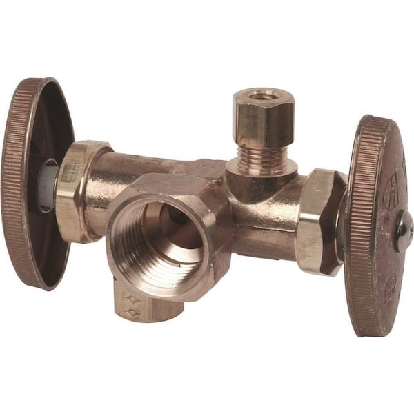 Brasscraft 1/2in. FIP Inlet x3/8in. O.D.Comp x 3/8in. O.D.Comp Dual Outlet Dual Shut-Off Multi-Turn Angle Valve R1701DVX R - main